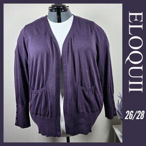 Eloquii Purple Cardigan With Pockets & Button Cuff Sleeves Lightweight Knit 26/2